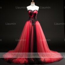 Load image into Gallery viewer, Rose Red Tulle Black Lace Applique Lace Up Back Evening Party Prom Formal Dress B-4.6