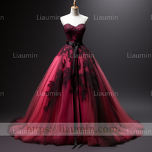 Load image into Gallery viewer, Custom Rose Red Tulle Black Lace Applique Strapless Evening Party Prom Formal Dress B-4.7