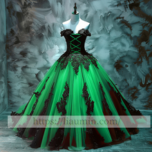 Load image into Gallery viewer, Black Lace Applique Strapless Full Length Evening Party Prom Princess Dress W13-5