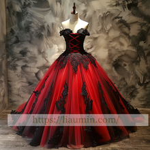 Load image into Gallery viewer, Black Lace Applique Strapless Full Length Evening Party Prom Princess Dress W13-5