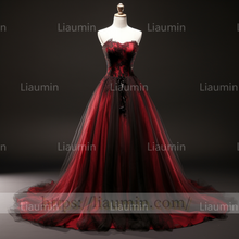 Load image into Gallery viewer, Custom Red Tulle Black Lace Applique Strapless Evening Party Prom Formal Dress B-5.1