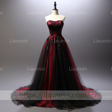 Load image into Gallery viewer, Red Tulle Black Lace Applique Lace Up Back Evening Party Prom Formal Dress B-5.2