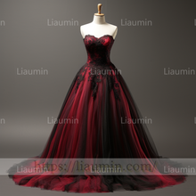 Load image into Gallery viewer, Custom Made Red Tulle Black Lace Applique Strapless Evening Party Prom Formal Dress B-5.3