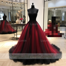 Load image into Gallery viewer, Hand Made Red Tulle Black Lace Applique Lace Up Back Evening Party Prom Formal Dress B-5.4
