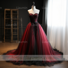 Load image into Gallery viewer, Custom Made Red Tulle Black Lace Applique Strapless Evening Party Prom Formal Dress B-5.5
