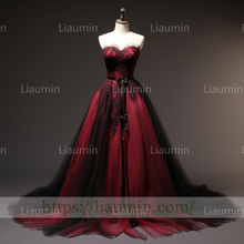 Load image into Gallery viewer, Hand Made Red Tulle Black Lace Applique Lace Up Back Evening Party Prom Formal Dress B-5.6