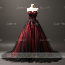 Load image into Gallery viewer, Custom Made Red Tulle Black Lace Applique Strapless Evening Party Prom Formal Dress B-5.7