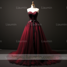 Load image into Gallery viewer, Hand Made Red Tulle Black Lace Applique Lace Up Back Evening Party Prom Formal Dress B-5.8