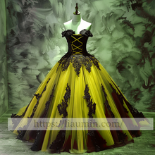 Load image into Gallery viewer, Black Lace Applique Strapless Full Length Evening Party Prom Princess Dress W13-5