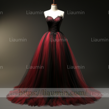 Load image into Gallery viewer, Custom Hand Made Red Tulle Black Lace Applique Strapless Evening Party Prom Formal Dress B-5.9