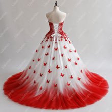 Load image into Gallery viewer, Luxury Red Butterfly Sweetheart Neck Strapless Ball Gown Bridal Dress Lace Applique Tulle Princess Wedding Gown Cutomized W22.65