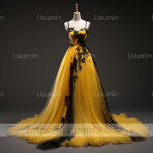 Load image into Gallery viewer, Custom Hand Made Yellow Tulle Black Lace Applique Lace Up Back Evening Party Prom Wedding Formal Dress B-6.10