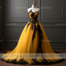 Load image into Gallery viewer, Hand Made Yellow Tulle Black Lace Applique Lace Up Back Evening Party Prom Formal Dress B-6.2