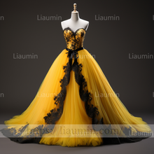 Load image into Gallery viewer, Custom Hand Made Yellow Tulle Black Lace Applique Strapless Evening Party Prom Formal Dress B-6.3