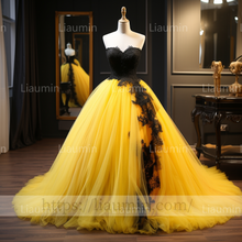 Load image into Gallery viewer, Hand Made Yellow Tulle Black Lace Applique Lace Up Back Evening Party Prom Formal Dress B-6.4