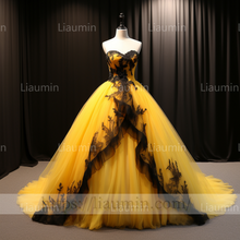 Load image into Gallery viewer, Custom Hand Made Yellow Tulle Black Lace Applique Strapless Evening Party Prom Formal Dress B-6.5