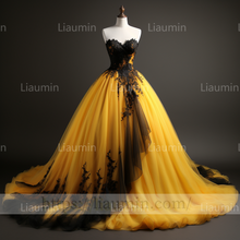 Load image into Gallery viewer, Hand Made Yellow Tulle Black Lace Applique Lace Up Back Evening Party Prom Formal Dress B-6.6