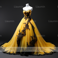 Load image into Gallery viewer, Custom Made Yellow Tulle Black Lace Applique Strapless Evening Party Prom Formal Dress B-6.7