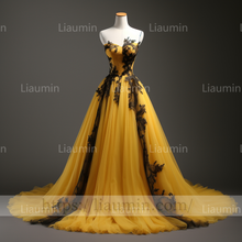 Load image into Gallery viewer, Hand Made Yellow Tulle Black Lace Applique Lace Up Back Evening Party Prom Wedding Formal Dress B-6.8