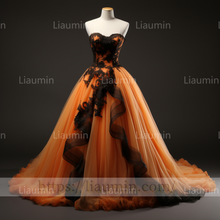 Load image into Gallery viewer, Custom Made Orange Tulle Black Lace Applique Strapless Evening Party Prom Formal Dress B-7.10