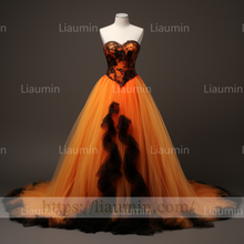 Load image into Gallery viewer, Custom Made Orange Tulle Black Lace Applique Lace Up Back Evening Party Prom Wedding Formal Dress B-7.11