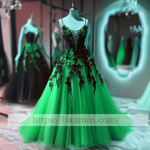 Load image into Gallery viewer, Black Lace Applique Strapless Full Length Lace Up Back Evening Party Prom Princess Dress W13-7