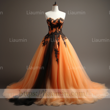 Load image into Gallery viewer, Custom Made Orange Tulle Black Lace Applique Strapless Evening Party Prom Formal Dress B-7.12