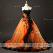 Load image into Gallery viewer, Custom Made Orange Tulle Black Lace Applique Lace Up Back Evening Party Prom Wedding Formal Dress B-7.13