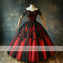 Load image into Gallery viewer, Red and Black Tulle Strapless Full Length Evening Prom Wedding Formal Princess Dress Hand Made W15-7.15