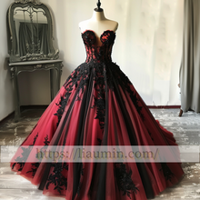 Load image into Gallery viewer, New Red and Black Tulle Strapless Full Length Evening Prom Wedding Formal Princess Dress Hand Made W15-7.16