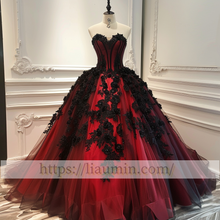 Load image into Gallery viewer, Red and Black Tulle Strapless Full Length Evening Prom Wedding Formal Princess Dress Hand Made W15-7.17