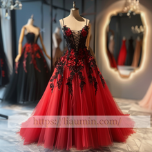 Load image into Gallery viewer, Black Lace Applique Strapless Full Length Lace Up Back Evening Party Prom Princess Dress W13-7
