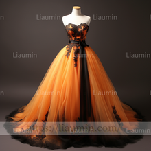 Load image into Gallery viewer, Custom Made Orange Tulle Black Lace Applique Strapless Evening Party Prom Formal Dress B-7.2