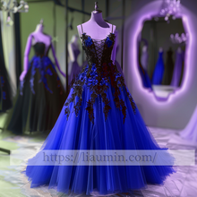 Load image into Gallery viewer, Black Lace Applique Strapless Full Length Lace Up Back Evening Party Prom Princess Dress W13-7