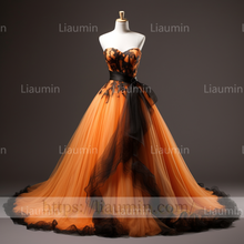 Load image into Gallery viewer, Custom Hand Made Orange Tulle Black Lace Applique Lace Up Back Evening Party Prom Wedding Formal Dress B-7.4