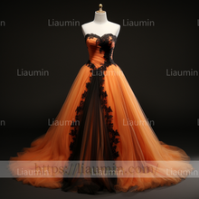 Load image into Gallery viewer, Custom Made Orange Tulle Black Lace Applique Strapless Evening Party Prom Formal Dress B-7.5