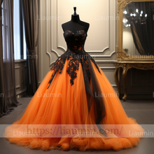 Load image into Gallery viewer, Custom Hand Made Orange Tulle Black Lace Applique Lace Up Back Evening Party Prom Wedding Formal Dress B-7.6