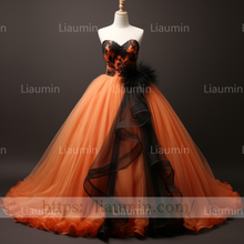 Load image into Gallery viewer, Custom Hand Made Orange Tulle Black Lace Applique Strapless Evening Party Prom Formal Dress B-7.7