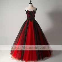 Load image into Gallery viewer, Red and Black Tulle Strapless Full Length Evening Prom Wedding Formal Princess Dress Hand Made Custom W15-7.9