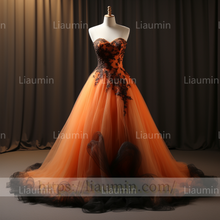 Load image into Gallery viewer, Custom Made Orange Tulle Black Lace Applique Lace Up Back Evening Party Prom Wedding Formal Dress B-7.9