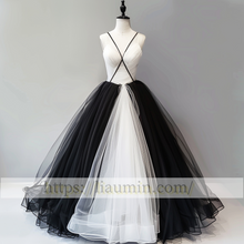 Load image into Gallery viewer, White and Black Tulle V Neck Full Length Evening Prom Wedding Formal Princess Dress Hand Made W15-8.2
