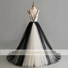 Load image into Gallery viewer, White and Black Tulle V Neck Full Length Evening Prom Wedding Formal Princess Dress Hand Made W15-8.5