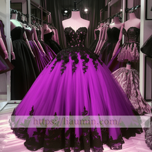 Load image into Gallery viewer, Black Lace Applique Strapless Full Length Ball Gown Evening Party Prom Princess Dress W13-8