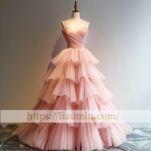 Load image into Gallery viewer, Pink Tulle Full Length Evening Prom Lace Up Back Wedding Formal Princess Dress Hand Made W15-9.1