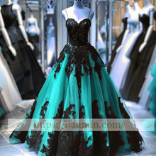 Load image into Gallery viewer, Black Lace Applique Strapless Full Length Ball Gown Evening Party Prom Princess Dress W13-9