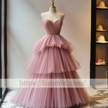 Load image into Gallery viewer, New Pink Tulle Floor Length Evening Prom Lace Up Back Wedding Formal Princess Dress Hand Made W15-9.2