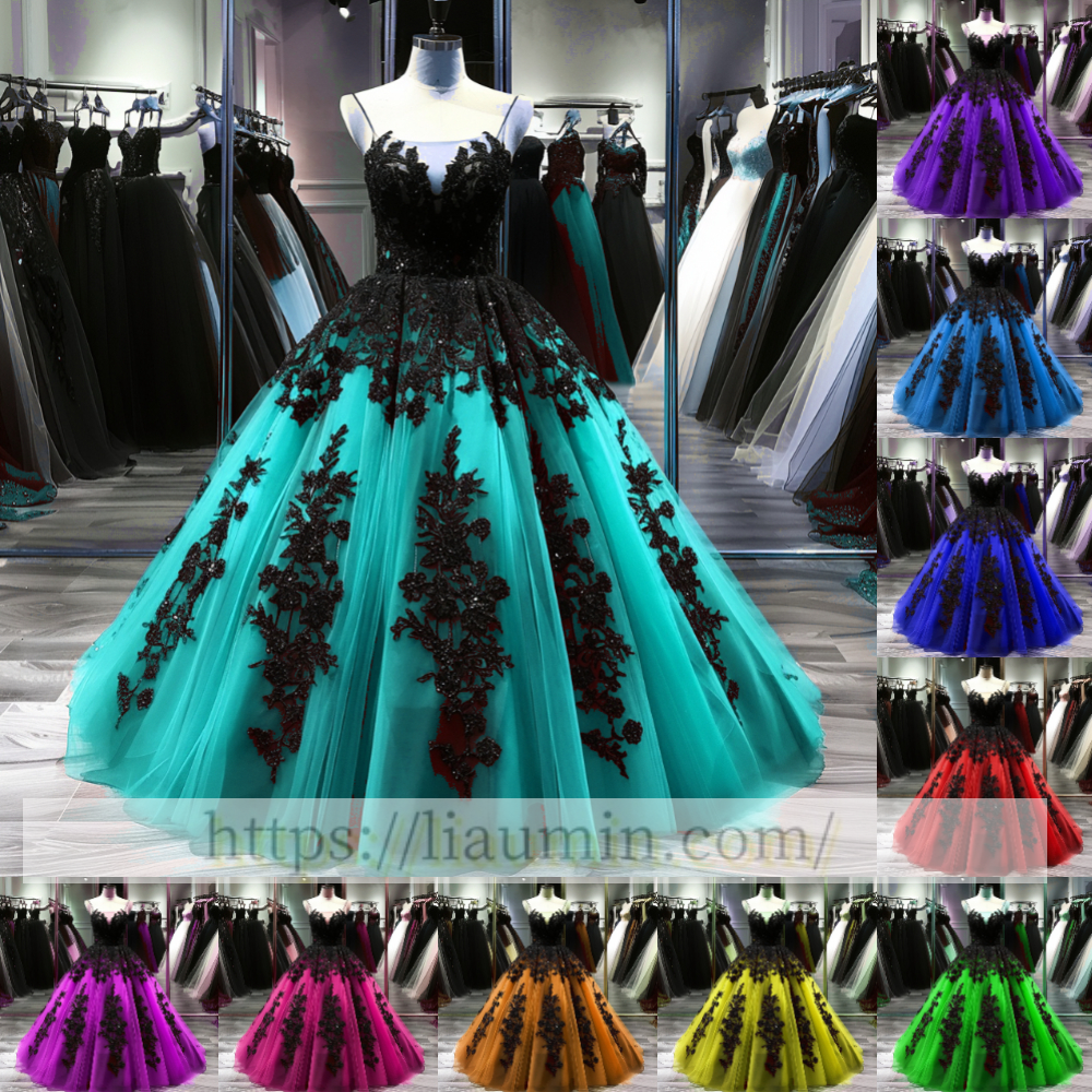 Black Lace Applique Strapless Full Length Ball Gown Evening Party Prom Princess Dress  W13-10