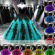 Load image into Gallery viewer, Black Lace Applique Strapless Full Length Ball Gown Evening Party Prom Princess Dress  W13-10

