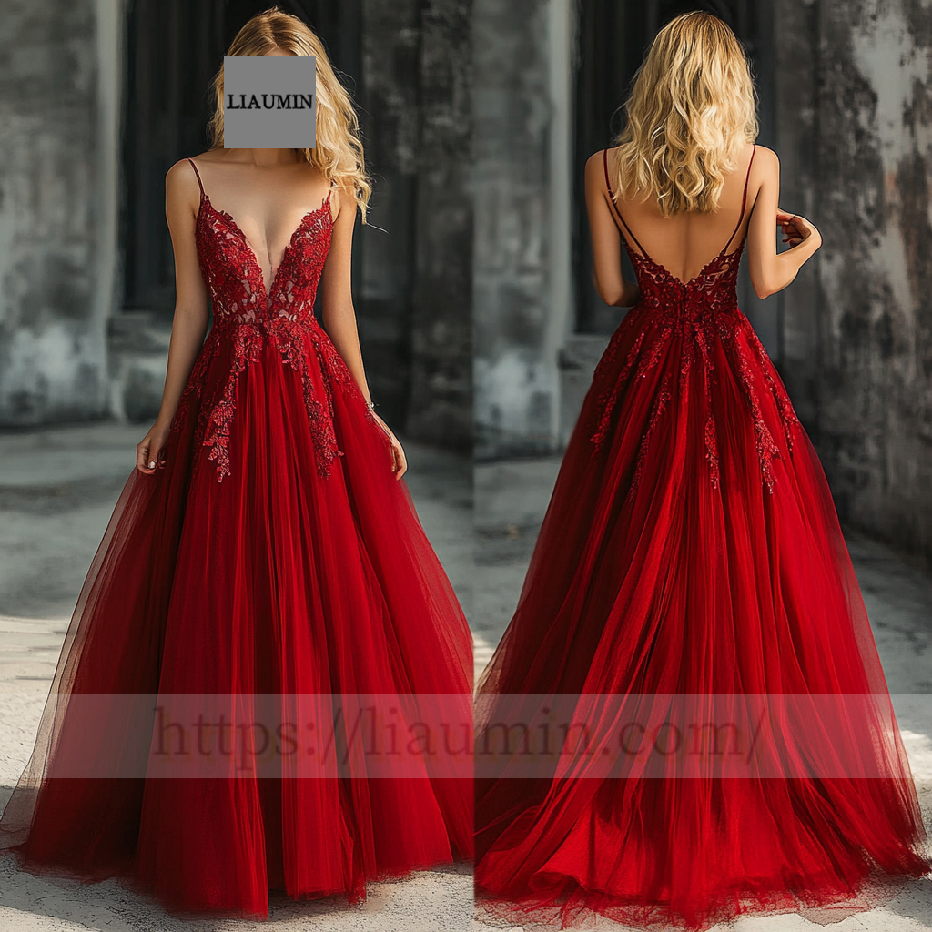 Custom Red Tulle With Lace Applique V Neck Wedding Evening Prom Formal Princess Dress C-10.1