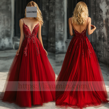 Load image into Gallery viewer, Custom Red Tulle With Lace Applique V Neck Wedding Evening Prom Formal Princess Dress C-10.1
